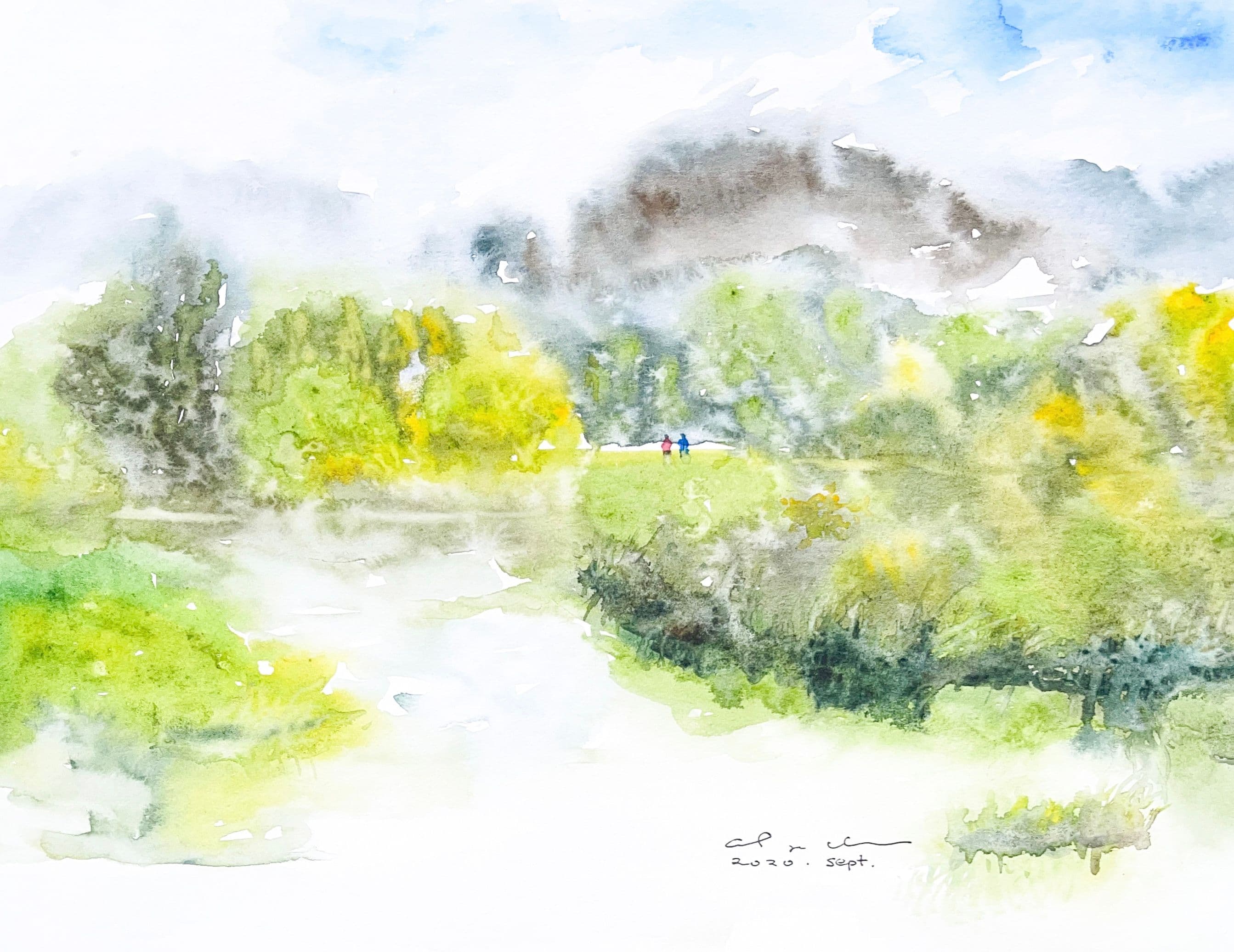Watercolour of two small figures walking beside a river with green and yellow trees and grey clouds.