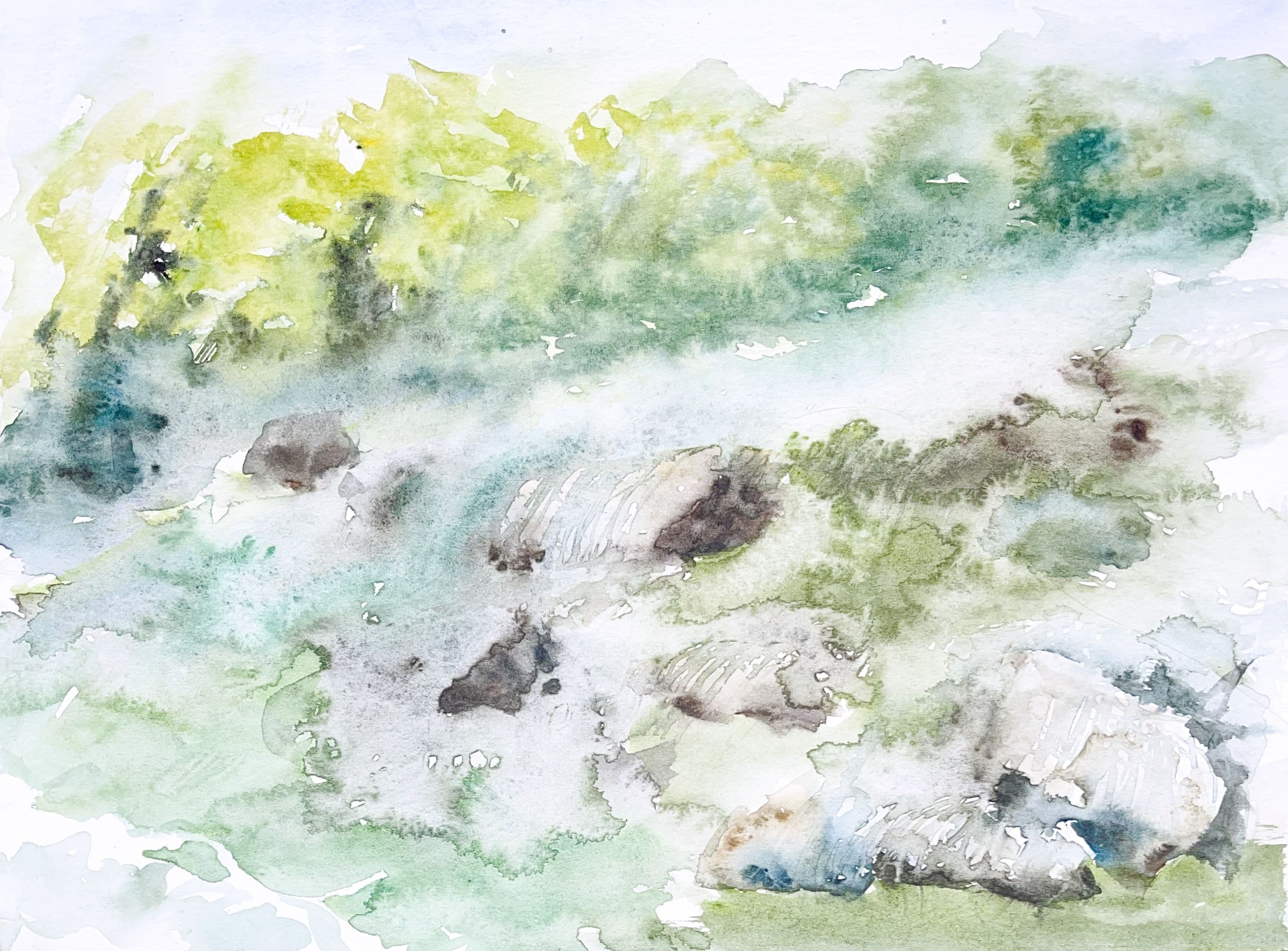 Watercolour of a river flowing over grey and white boulders with green trees along the bank.