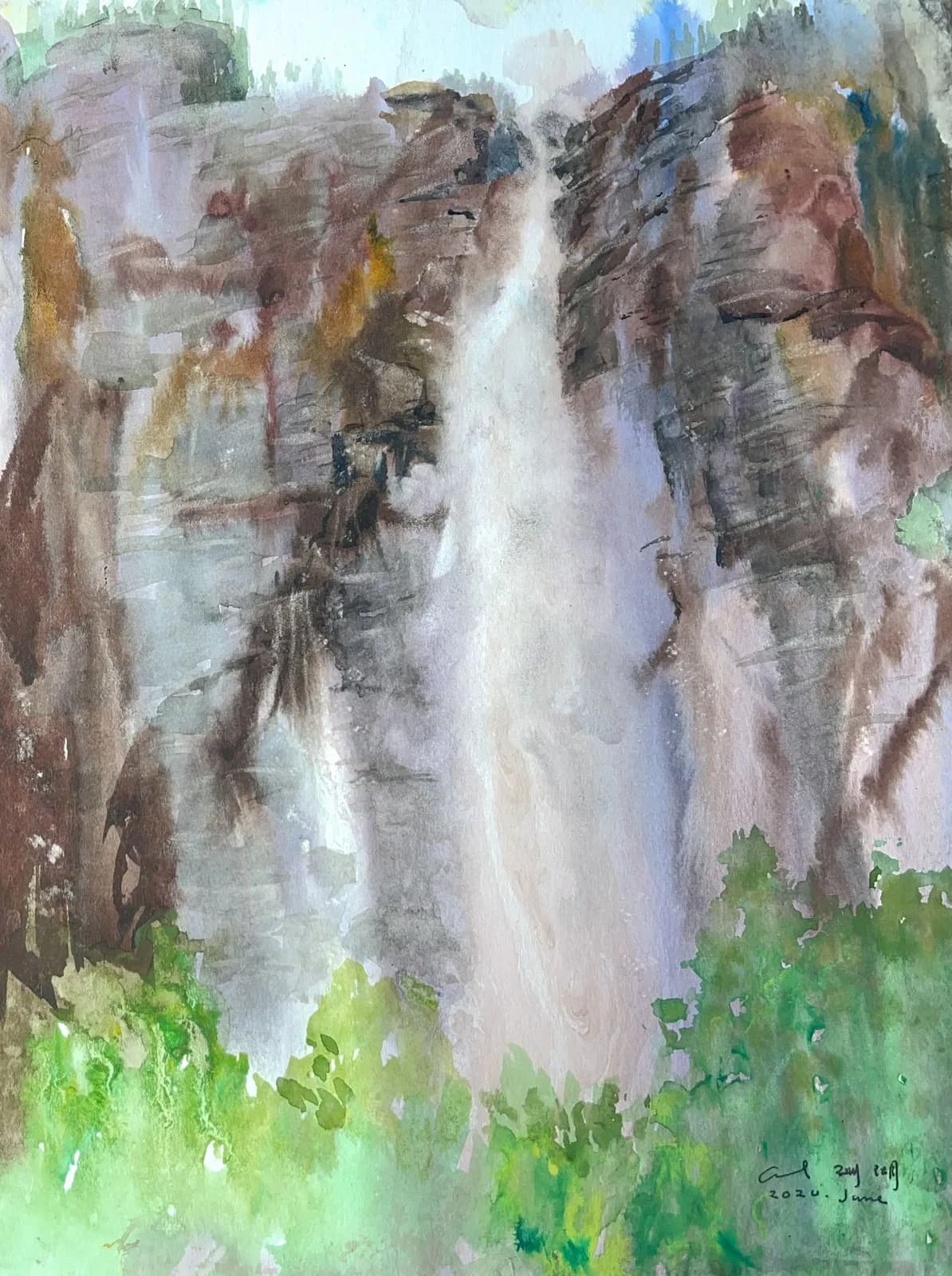 Watercolour of a tall waterfall pouring between brown and grey cliffs, with bright green foliage below.