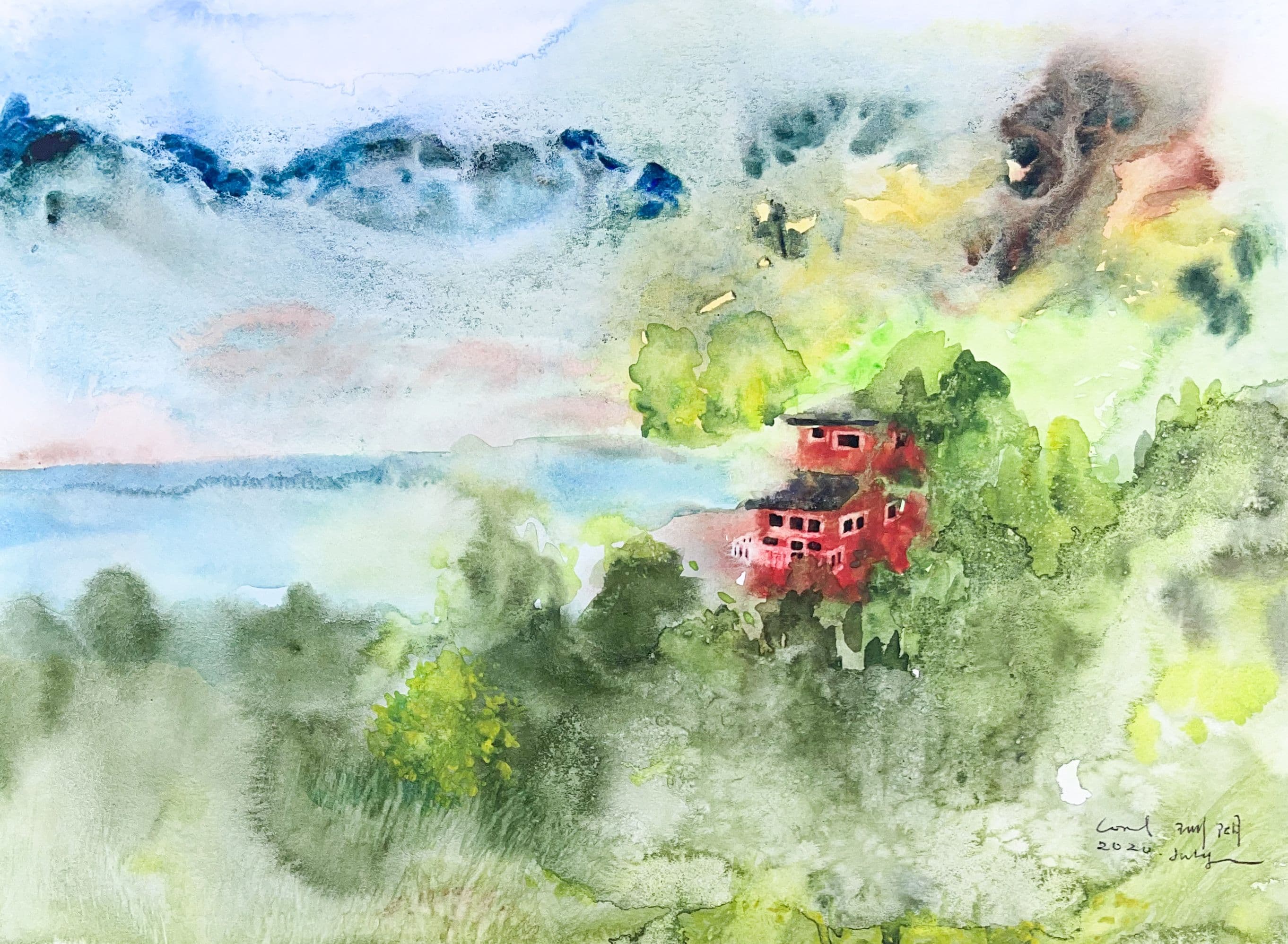 Watercolour of a red multi-tiered pagoda among green trees on a hillside overlooking a lake and mountains.