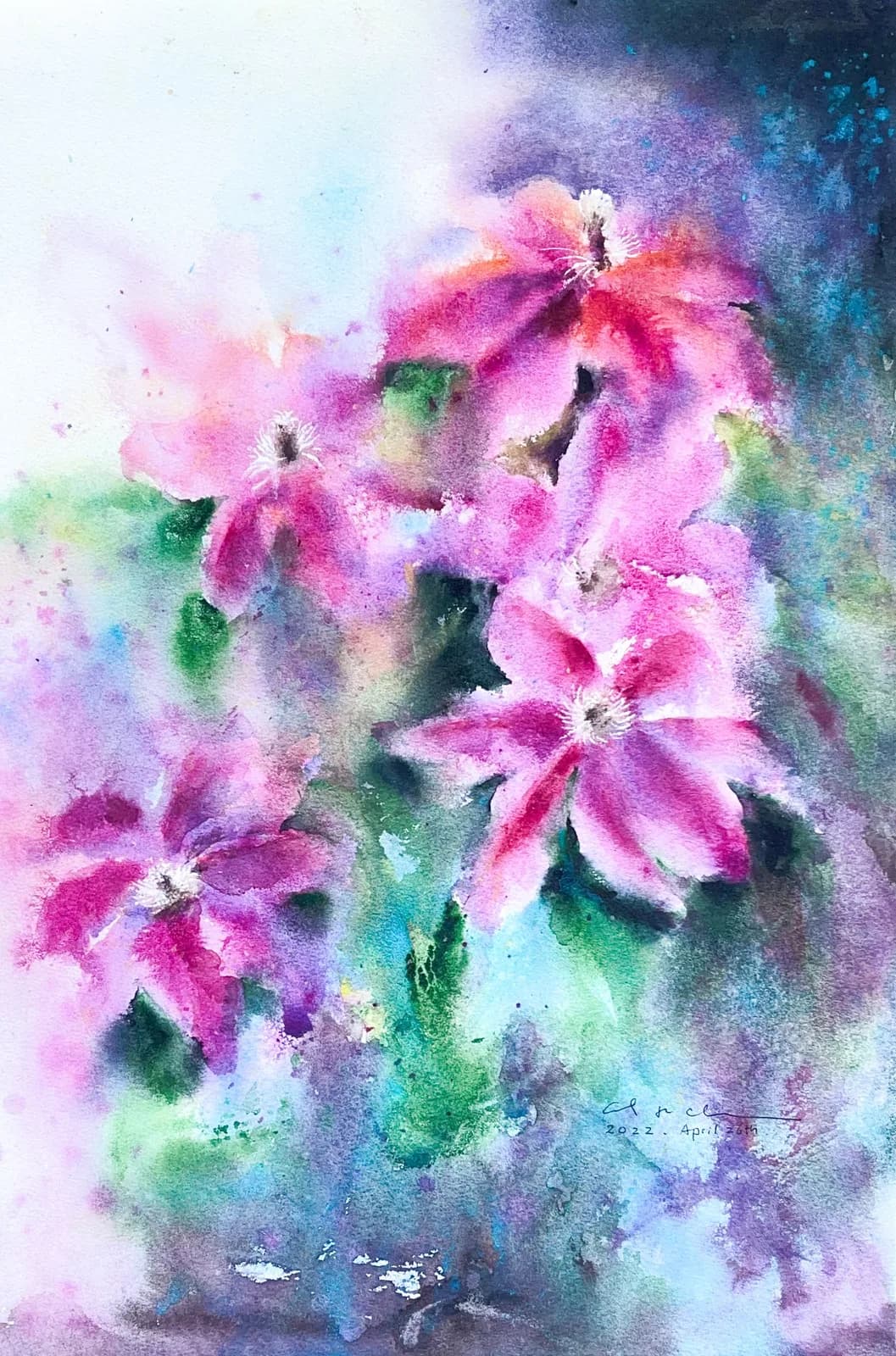 Watercolour of bright magenta clematis flowers against a blended teal, purple and blue background.