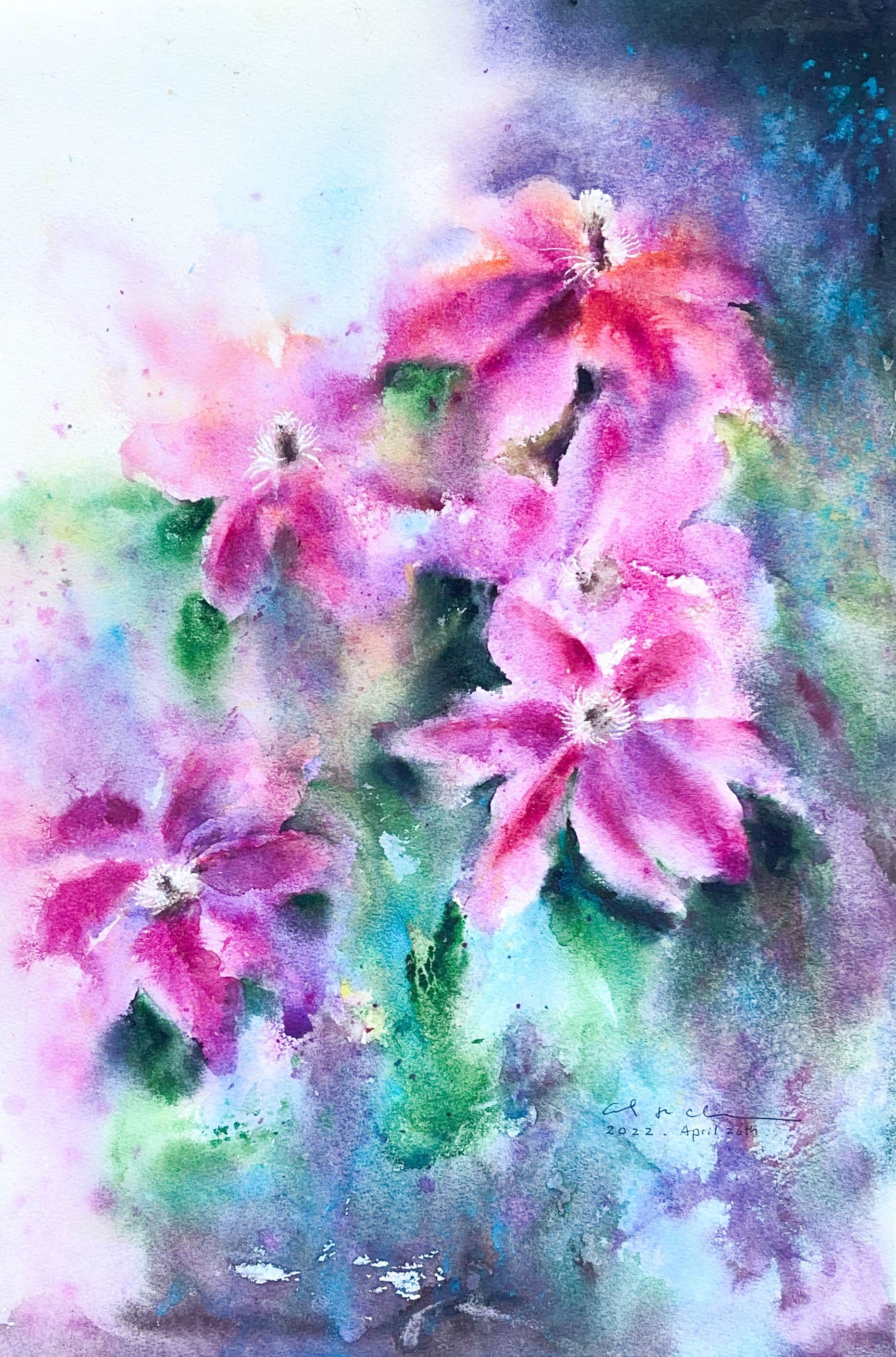 Watercolour of bright magenta clematis flowers against a blended teal, purple and blue background.