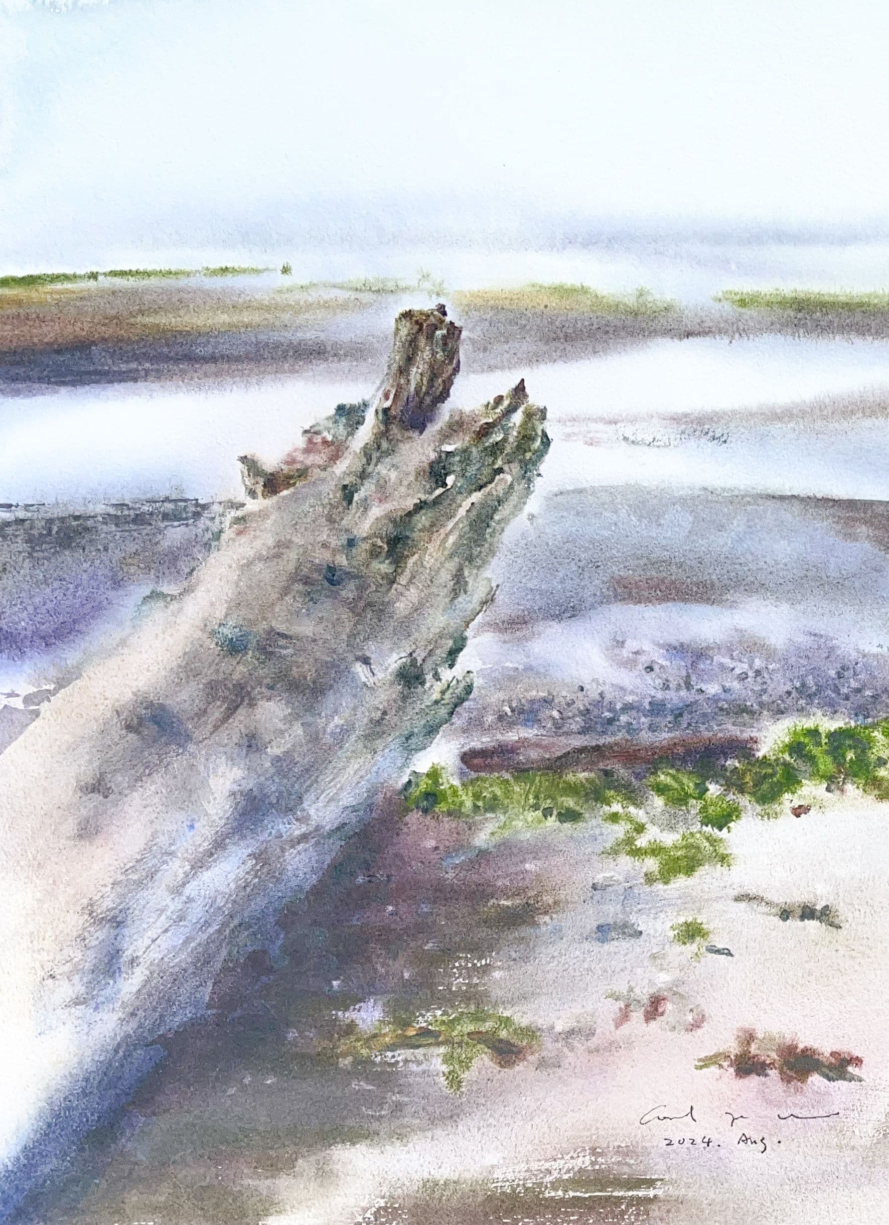 Watercolour of a large grey driftwood log on a sandy beach at low tide with green seaweed and distant water.