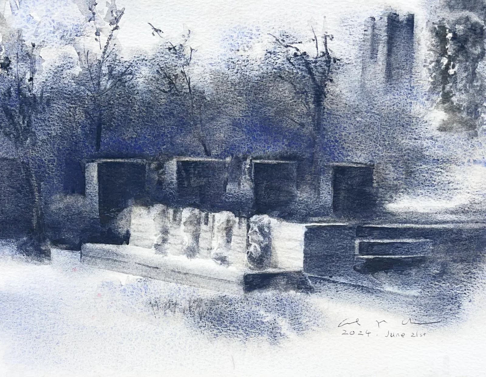 Indigo watercolour of bare winter trees and low stone walls under falling snow.