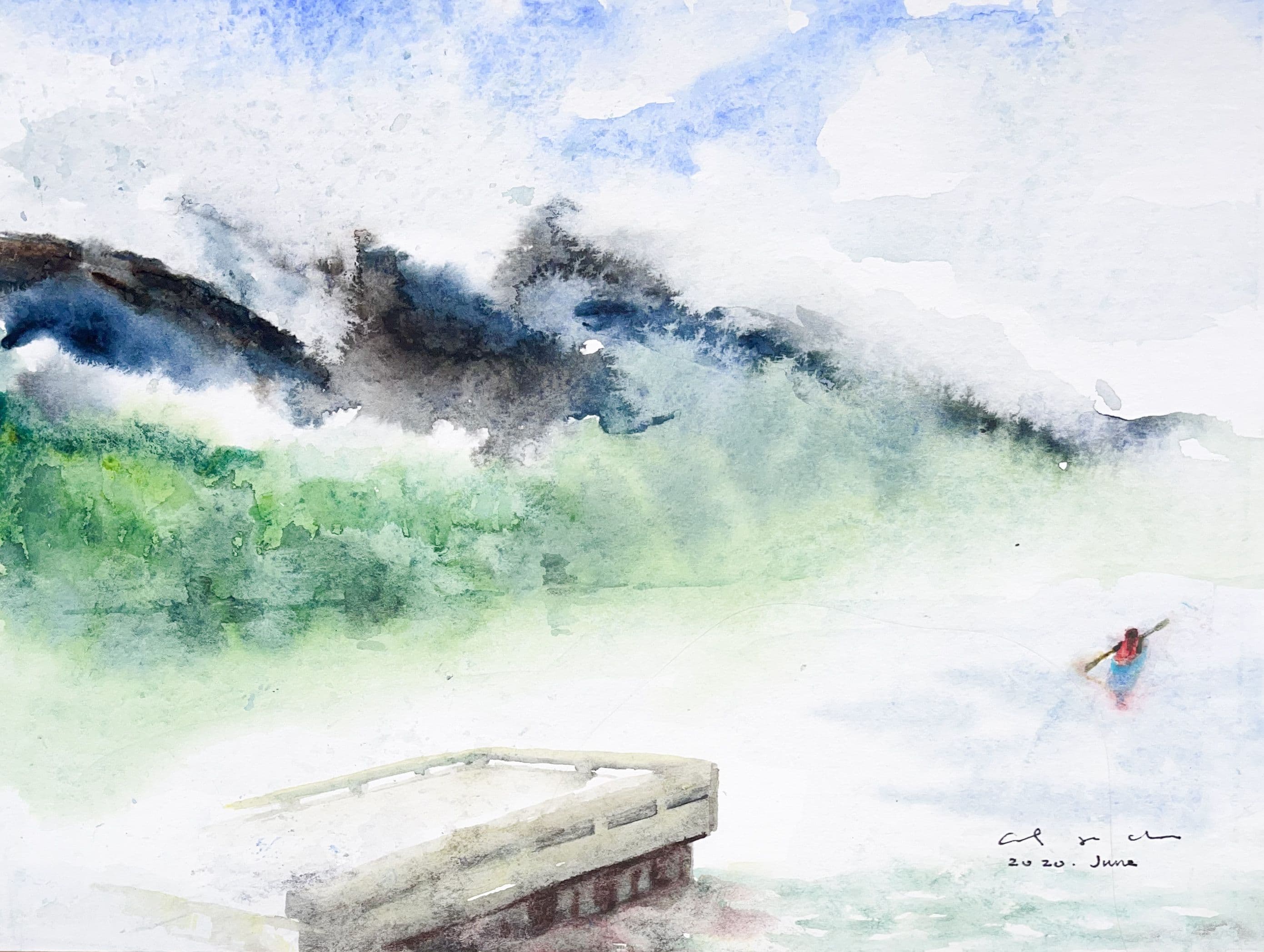 Watercolour of a white wooden dock on a misty lake with a kayaker and dark cloud-covered green hills.