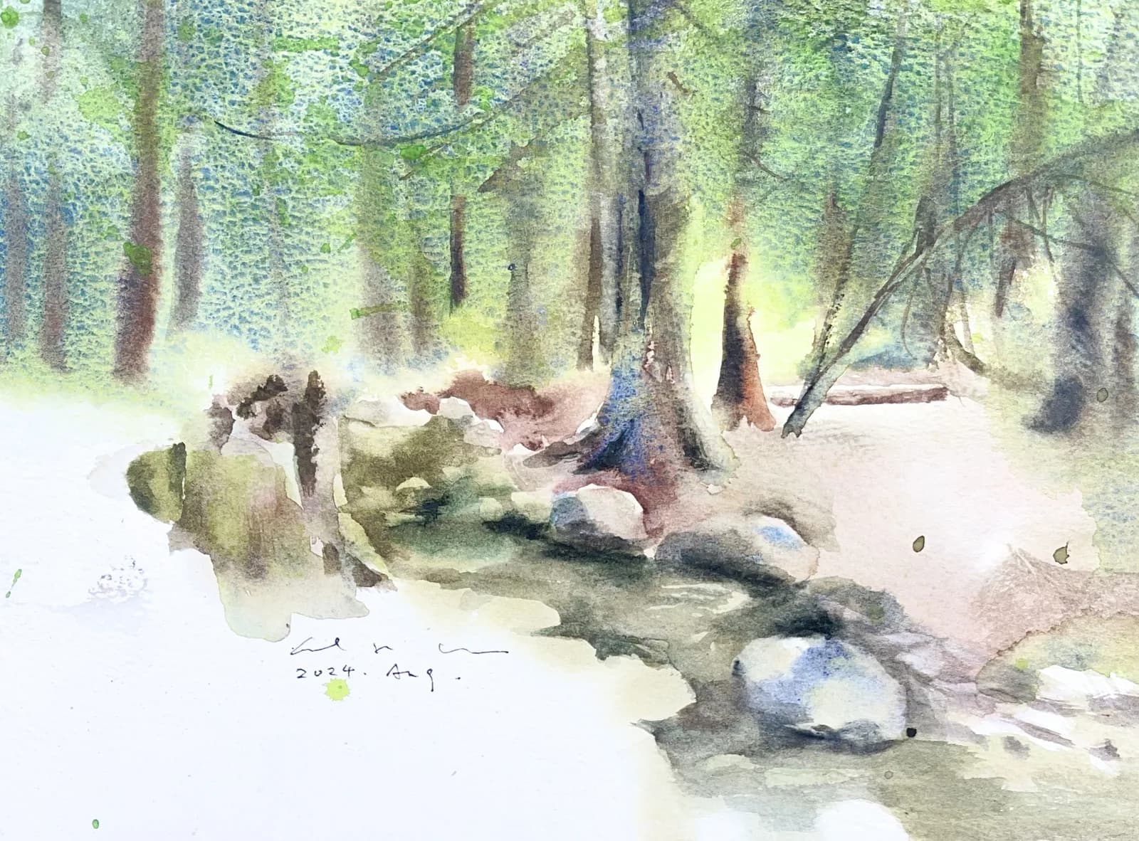 Watercolour of a forest creek with mossy boulders and tall green trees in dappled light.