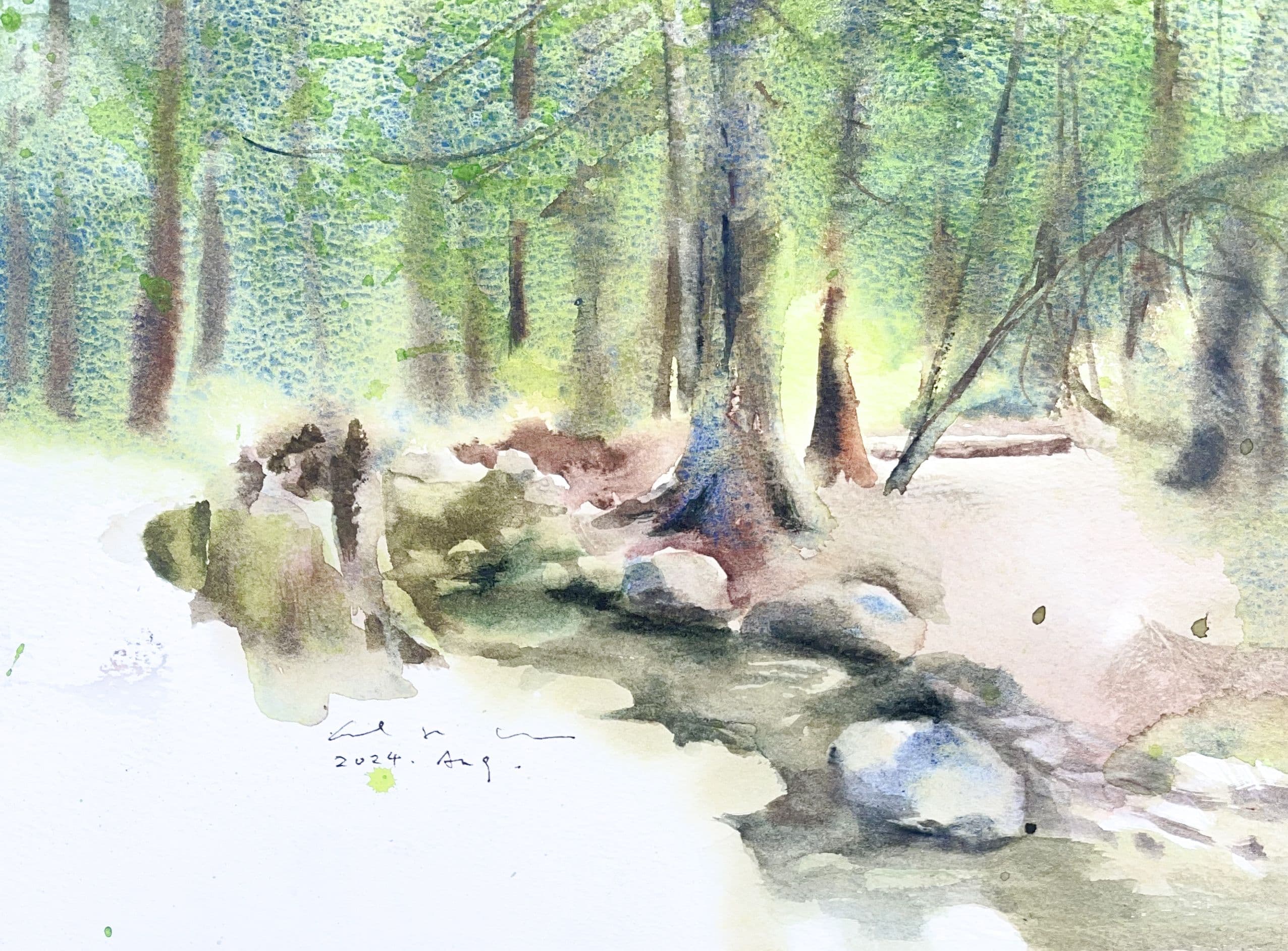 Watercolour of a forest creek with mossy boulders and tall green trees in dappled light.
