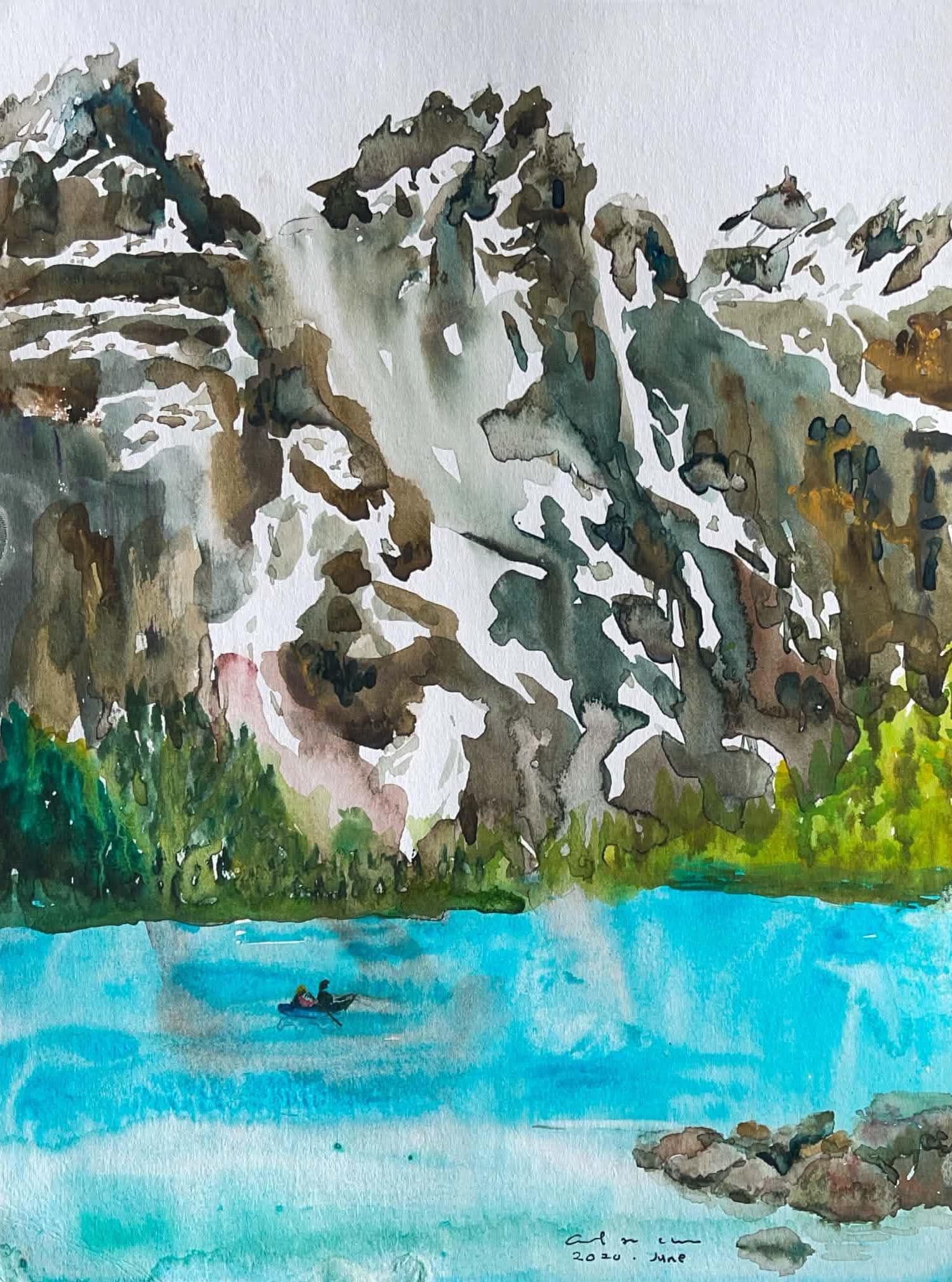 Watercolour of a kayaker on a turquoise alpine lake below jagged snow-covered peaks and a band of green forest.