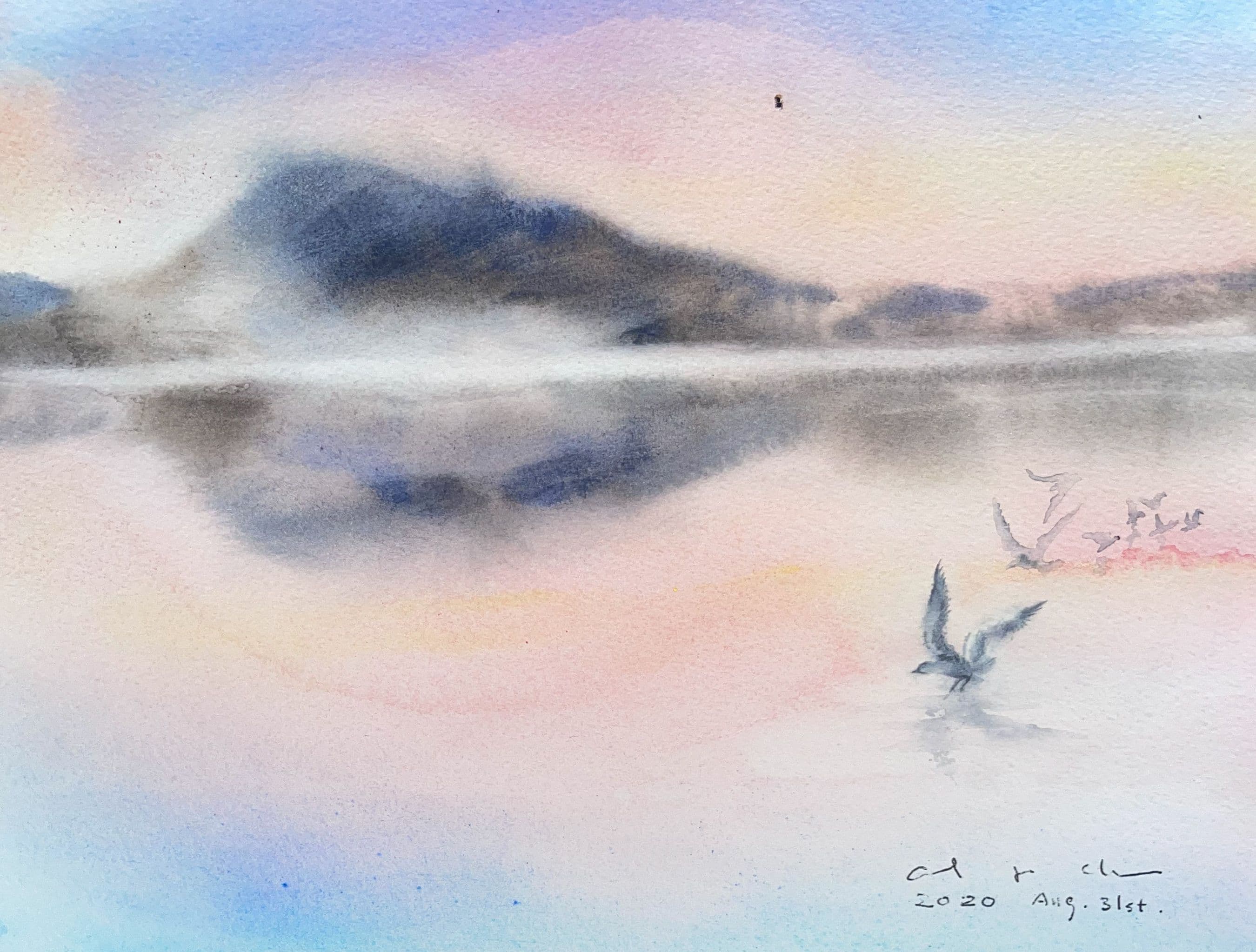Watercolour of seabirds flying low over calm water at sunset, with a dark misty headland and pink sky.