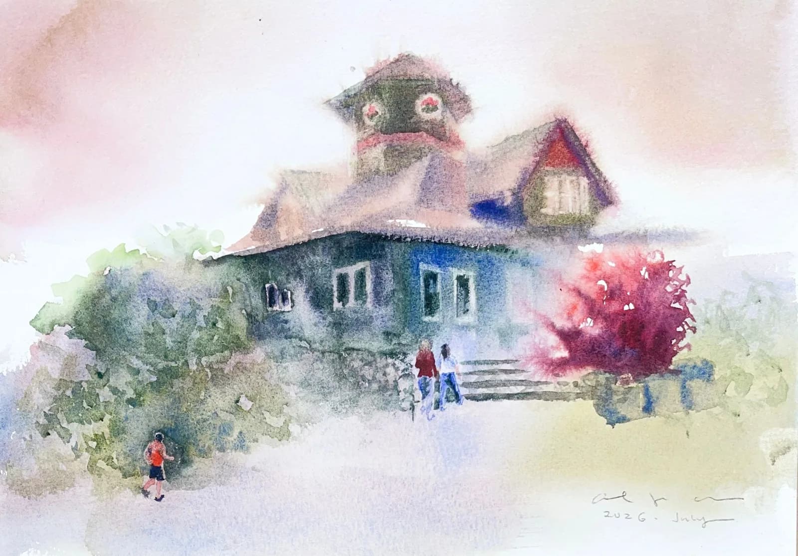 Watercolour of a blue-grey house with a turret and gables, a red tree, and people walking on the path in front.