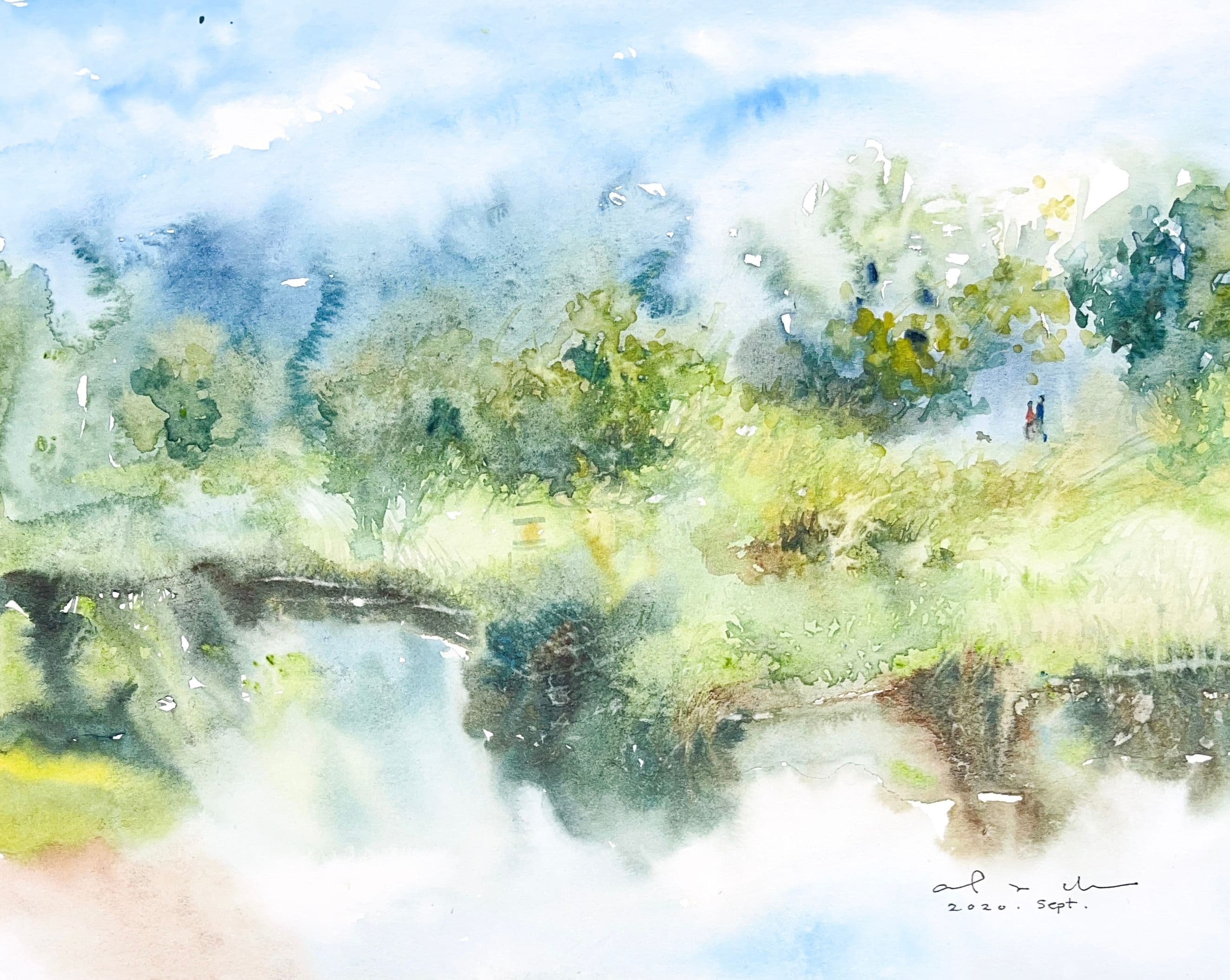 Pond at Dusk, an original watercolour by Coral Ye Chen. Trees and grasses reflected in a still pond, with two figures on the far bank.