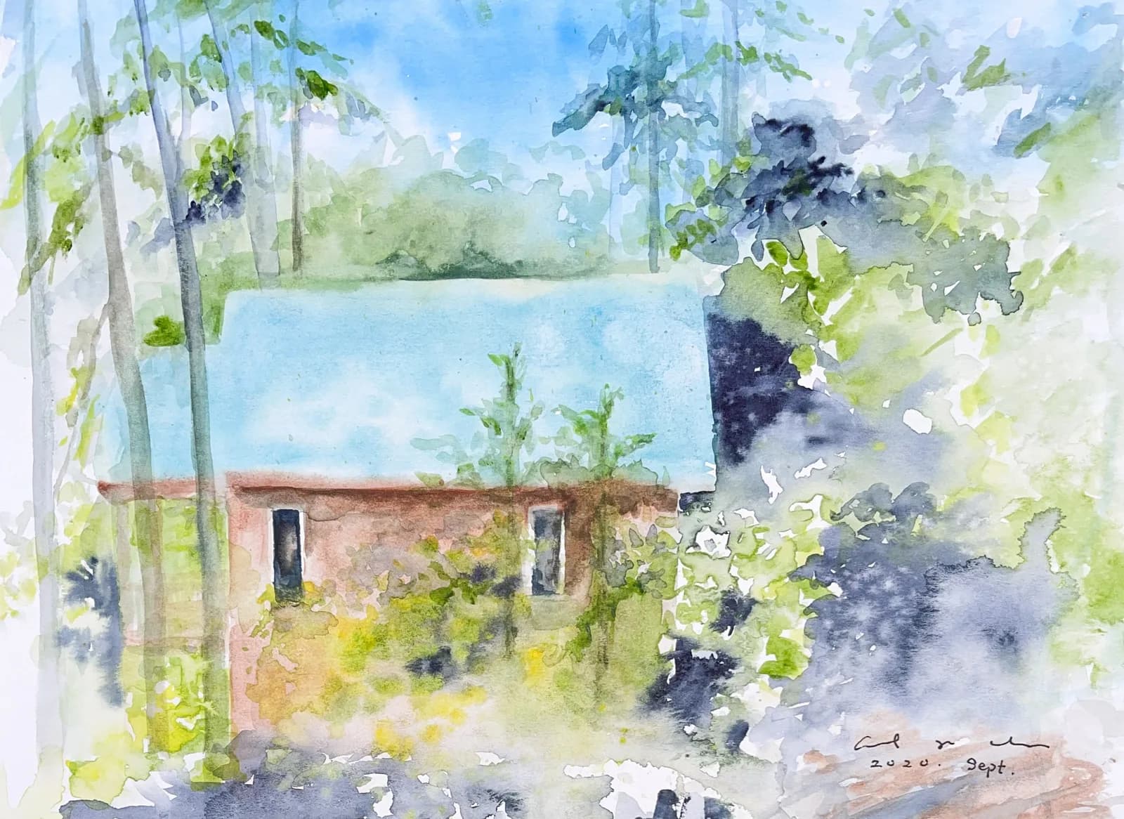 Watercolour of a small red brick cottage with a light blue roof surrounded by tall trees and green foliage.