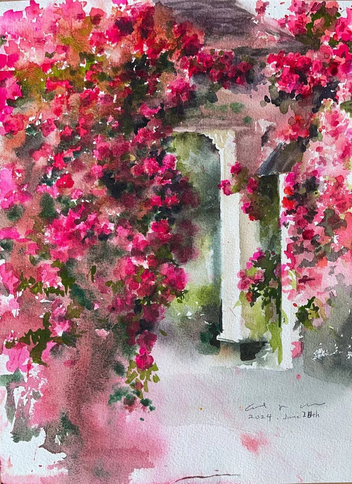 Watercolour of bright pink and red bougainvillea draped over a white columned archway and terrace.