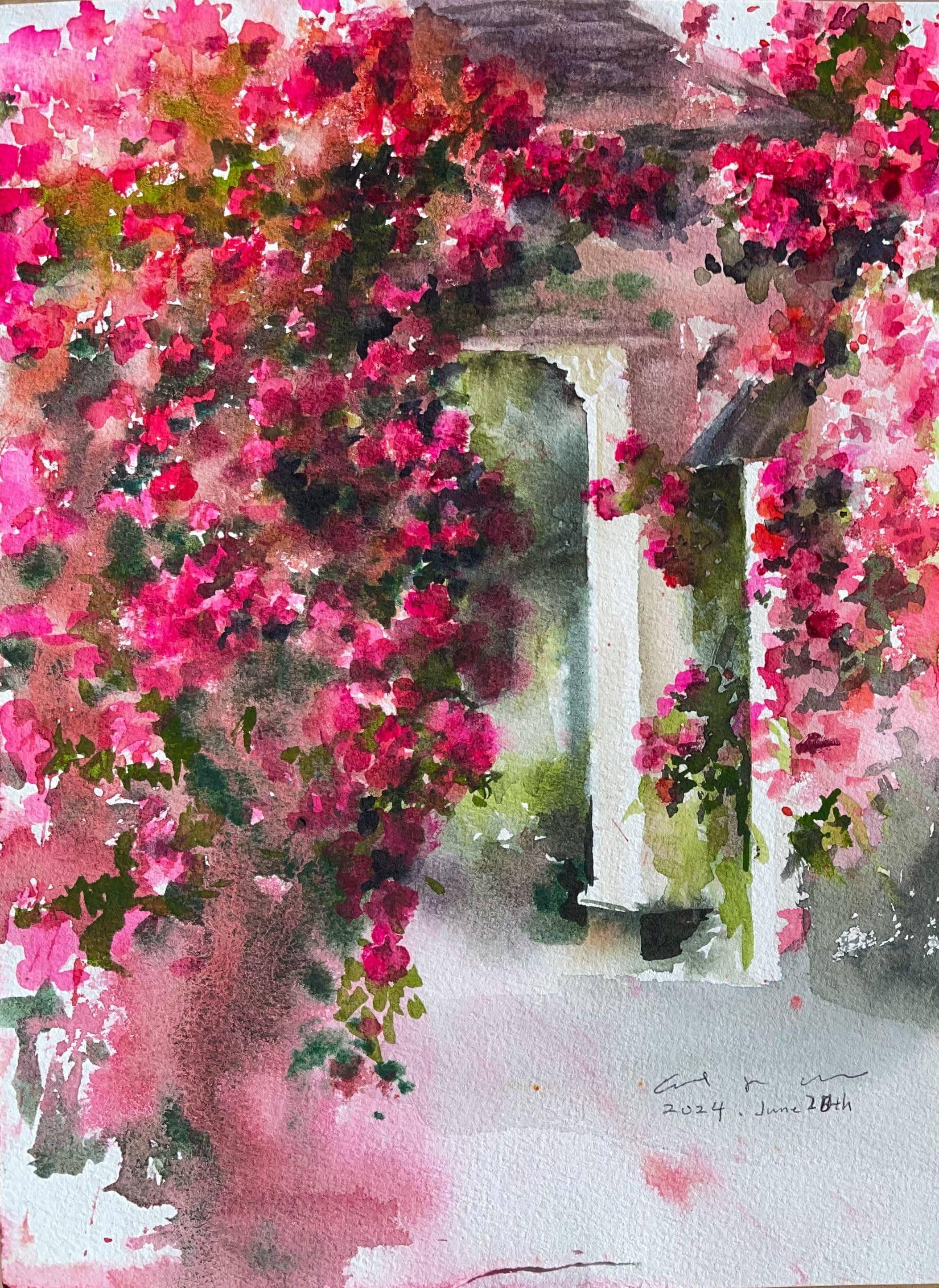 Watercolour of bright pink and red bougainvillea draped over a white columned archway and terrace.