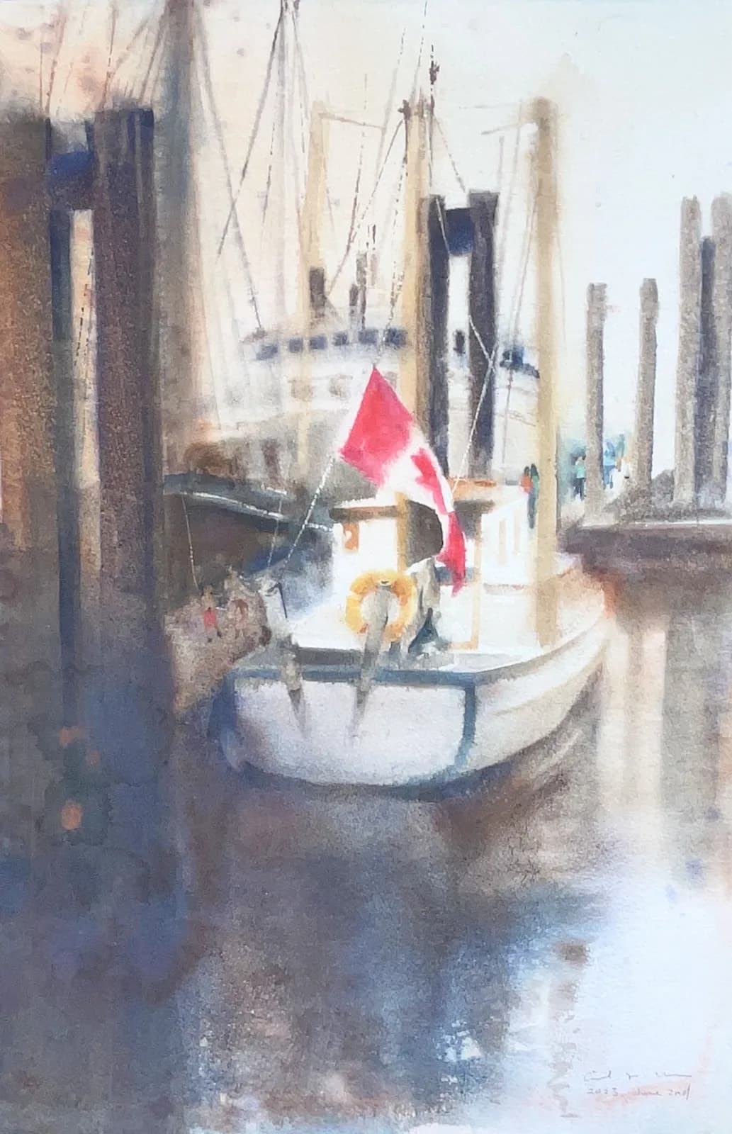 Watercolour of a white fishing boat with a red Canadian flag moored at a wooden dock with tall pilings.
