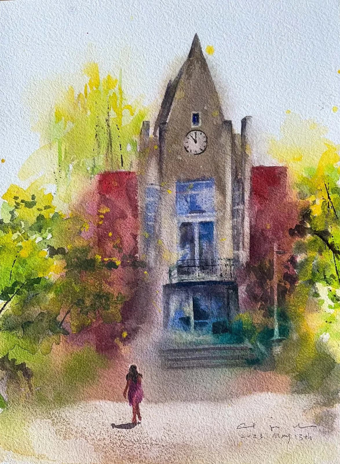 Watercolour of a woman walking toward a tall stone clock tower building surrounded by red, yellow and green trees.