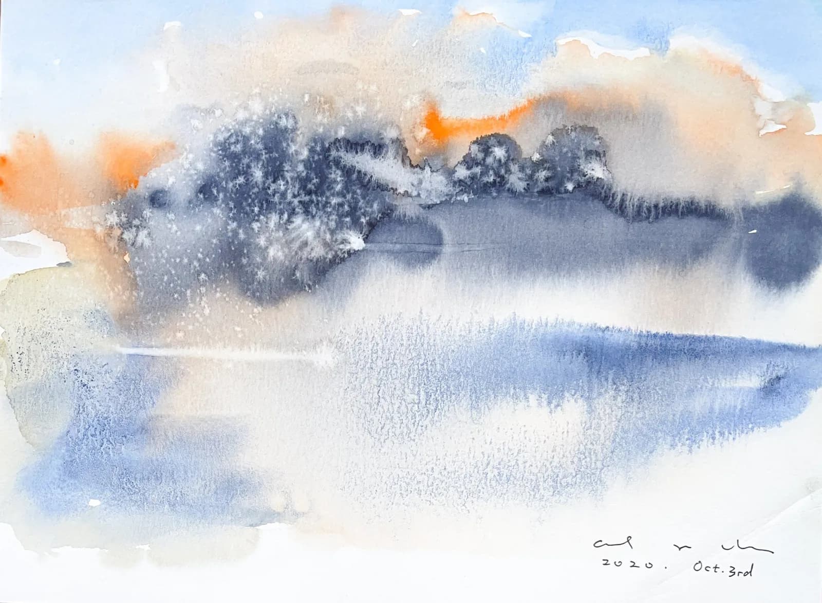 Abstract watercolour of dark blue treelines reflected in a lake, with orange sky and speckled salt texture.