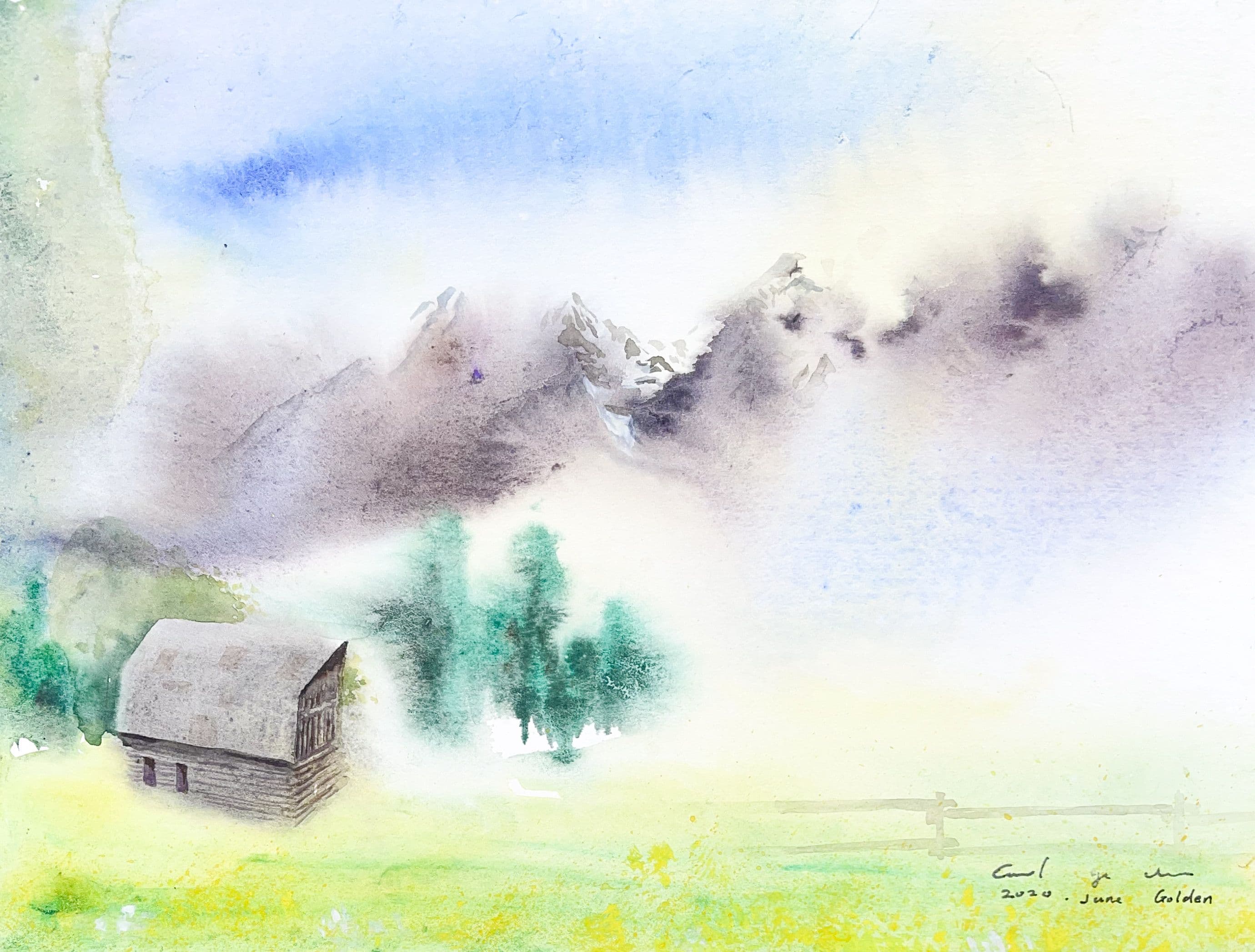 Watercolour of a weathered log barn and green trees in a yellow meadow below misty purple mountains.